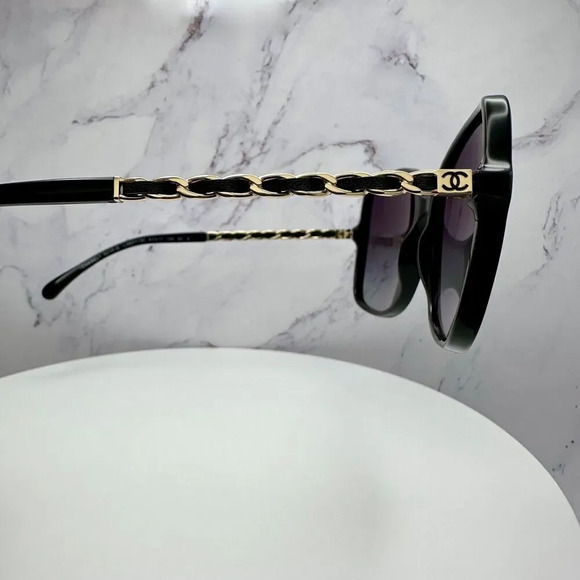 CHANEL Sunglasses Black Gold Chain Arms Interlocking CC Logo Acetate Square New - Picture 6 of 16